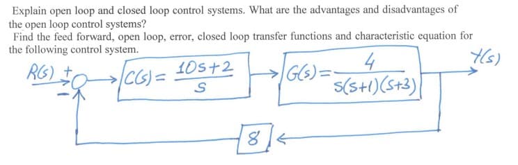 Explain open loop and closed loop control systems. What are the advantages and disadvantages of
the open loop control systems?
Find the feed forward, open loop, error, closed loop transfer functions and characteristic equation for
the following control system.
4
→IG(5)=-
s(sH1)(st3)|
RG)
/cG)= 10s+2
→CG)3=
(5)

