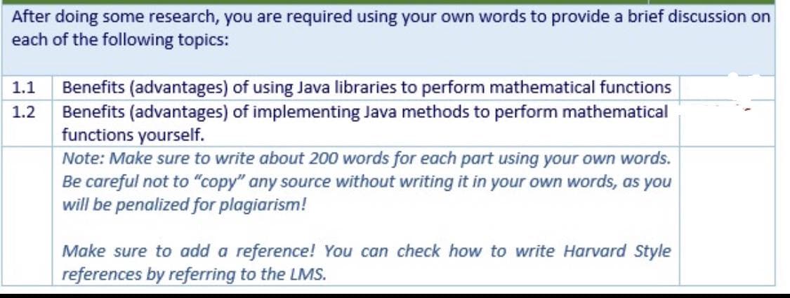 After doing some research, you are required using your own words to provide a brief discussion on
each of the following topics:
Benefits (advantages) of using Java libraries to perform mathematical functions
Benefits (advantages) of implementing Java methods to perform mathematical
functions yourself.
Note: Make sure to write about 200 words for each part using your own words.
Be careful not to "copy" any source without writing it in your own words, as you
will be penalized for plagiarism!
1.1
1.2
Make sure to add a reference! You can check how to write Harvard Style
references by referring to the LMS.
