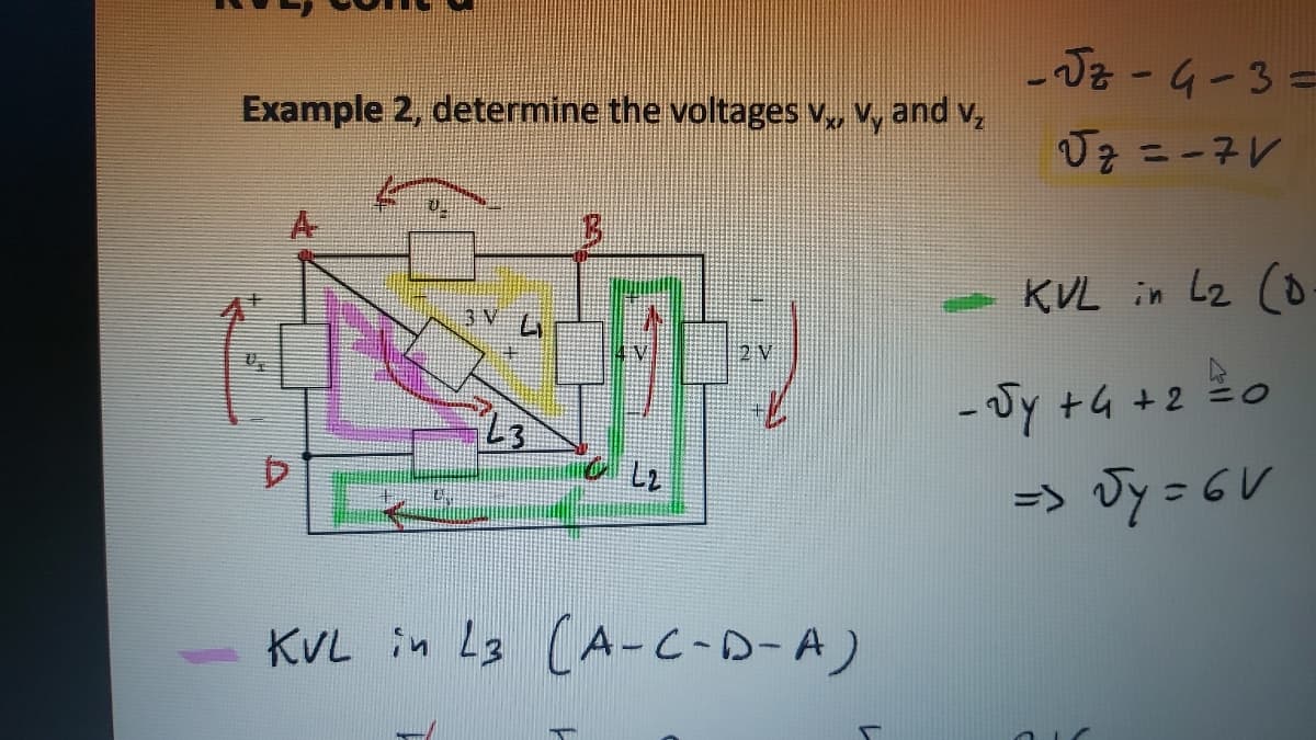 -Jz - 4-3=
Example 2, determine the voltages v, V, and v,
A-
KUL in Lz (o
- Jy +G +z Zo
=> Jy = 6V
KVL in L3 (A-C-D-A)
