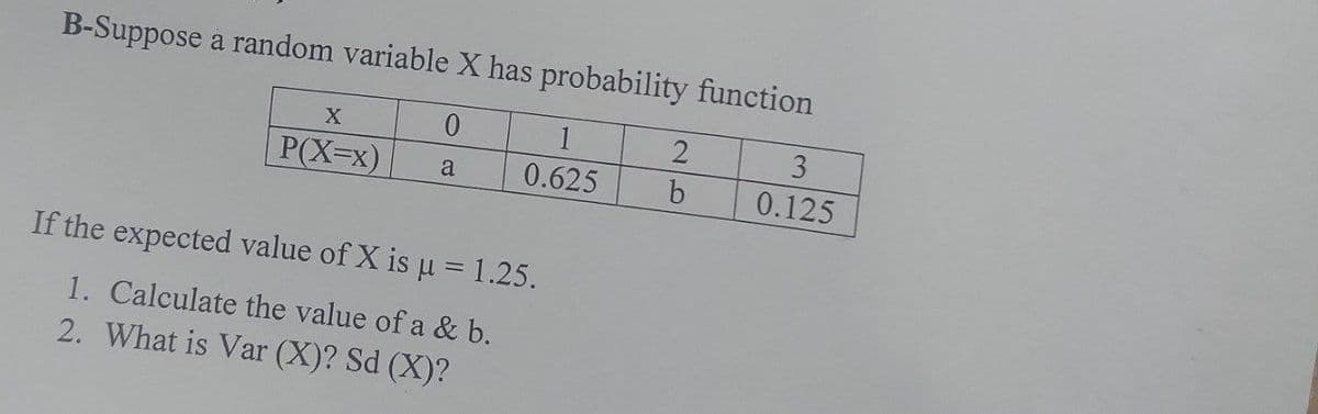 B-Suppose a random variable X has probability function
3
P(X=x)
0.625
b.
0.125
a
If the expected value of X is u =1.25.
1. Calculate the value of a & b.
2. What is Var (X)? Sd (X)?
