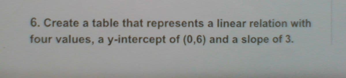 6. Create a table that represents a linear relation with
four values, a y-intercept of (0,6) and a slope of 3.
