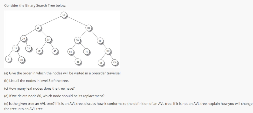 Consider the Binary Search Tree below:
(a) Give the order in which the nodes will be visited in a preorder traversal.
(b) List all the nodes in level 3 of the tree.
(c) How many leaf nodes does the tree have?
(d) If we delete node 80, which node should be its replacement?
(e) Is the given tree an AVL tree? If it is an AVL tree, discuss how it conforms to the definition of an AVL tree. If it is not an AVL tree, explain how you will change
the tree into an AVL tree.
