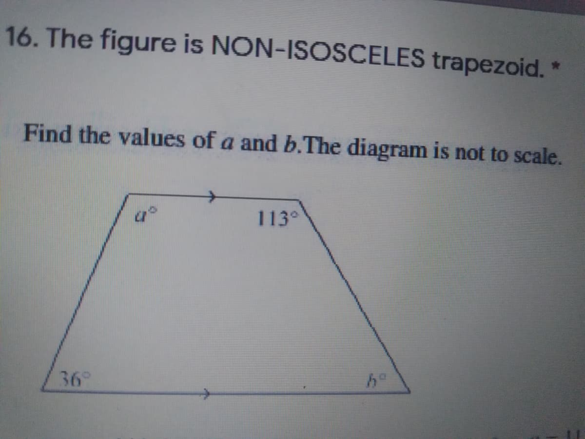 16. The figure is NON-ISOSCELES trapezoid.
Find the values of a and b.The diagram is not to scale.
113°
36°
