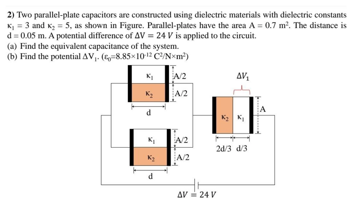 2) Two parallel-plate capacitors are constructed using dielectric materials with dielectric constants
K¡ = 3 and K2 = 5, as shown in Figure. Parallel-plates have the area A = 0.7 m². The distance is
d = 0.05 m. A potential difference of AV = 24 V is applied to the circuit.
(a) Find the equivalent capacitance of the system.
(b) Find the potential AV. (E=8.85×10-12 C²/N×m²)
%3D
%3D
K1
A/2
AV,
K2
A/2
A
d
K2 K1
K1
A/2
2d/3 d/3
K2
A/2
d
AV = 24 V
%3D
