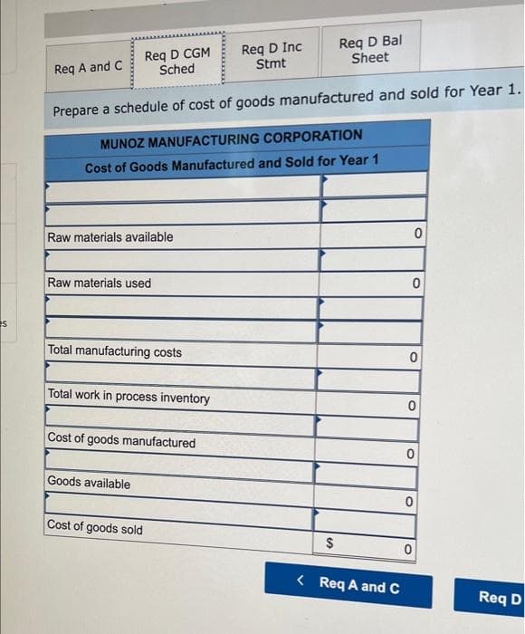 Req D CGM
Sched
Req D Inc
Stmt
Req D Bal
Sheet
Req A and C
Prepare a schedule of cost of goods manufactured and sold for Year 1.
MUNOZ MANUFACTURING CORPORATION
Cost of Goods Manufactured and Sold for Year 1
Raw materials available
Raw materials used
es
Total manufacturing costs
Total work in process inventory
Cost of goods manufactured
Goods available
Cost of goods sold
2$
< Req A and C
Req D
