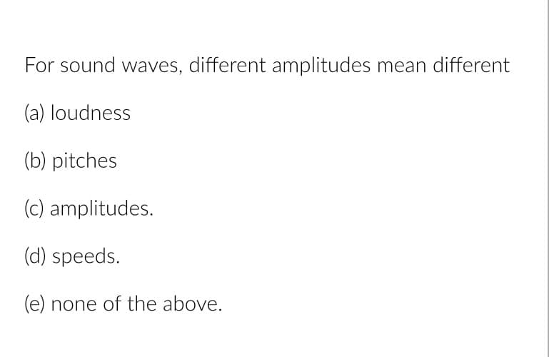 For sound waves, different amplitudes mean different
(a) loudness
(b) pitches
(c) amplitudes.
(d) speeds.
(e) none of the above.