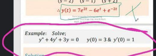 y(t)%3D7e2t-6e +e-2t
Tan uni
Eng Anal Num
Meth
Example: Solve;
y" + 4y' + 3y = 0 y(0) = 3 & y'(0) = 1
Solution
