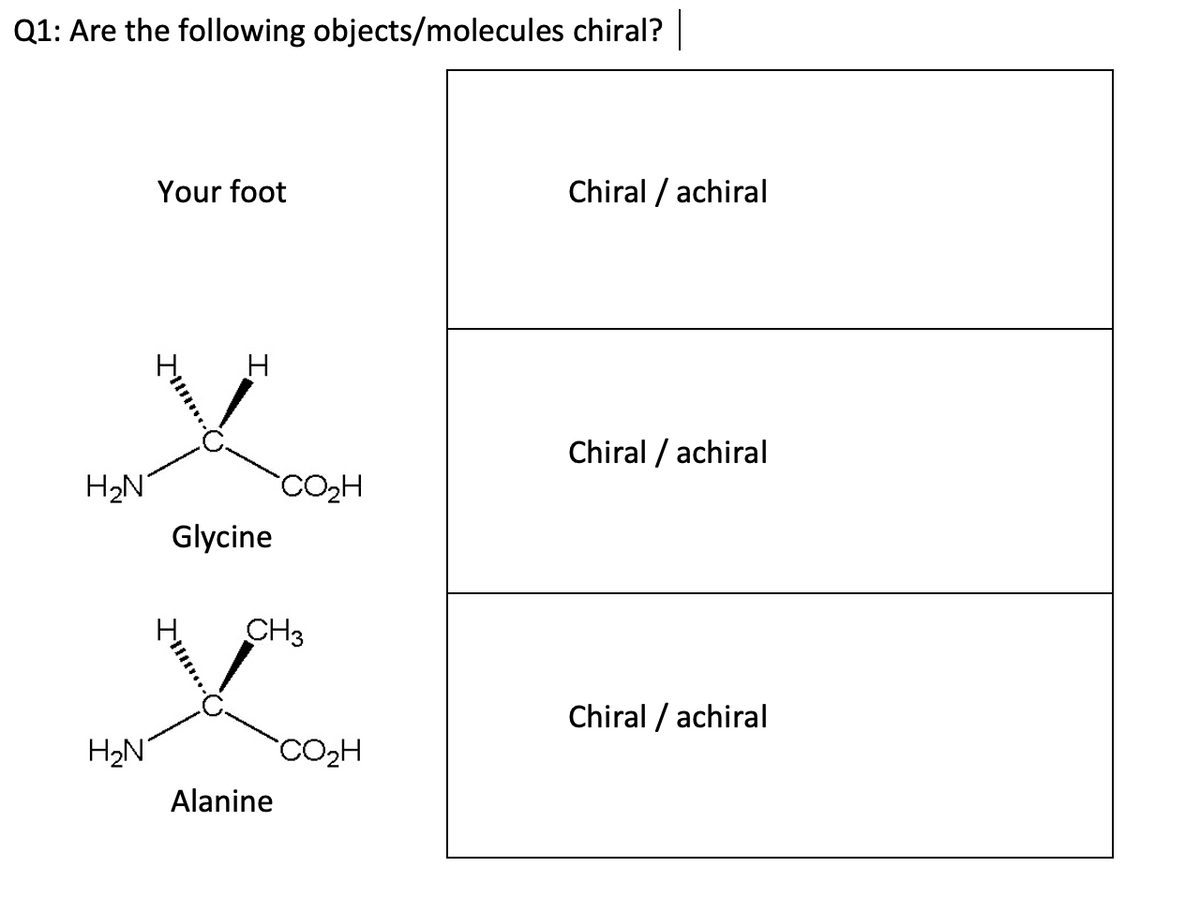 Q1: Are the following objects/molecules chiral? |
H₂N
H₂N
Your foot
I
Glycine
CO₂H
CH3
Alanine
CO₂H
Chiralachiral
Chiral / achiral
Chiral / achiral