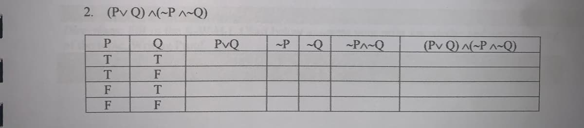 2. (Pv Q) ^(~P^~Q)
PvQ
-P
~PA~Q
(Pv Q)^(~P ^~Q)
T.
F
OTFTE
