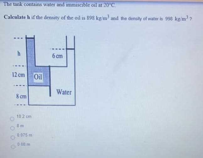 The tank contains water and immiscible oil at 20°C.
Calculate h if the density of the oil is 898 kg/m and the density of water is 998 kg/m ?
б ст
12 cm
Oil
Water
8 cm
10 2 cm
8 m
0.075 m
0.08 m
