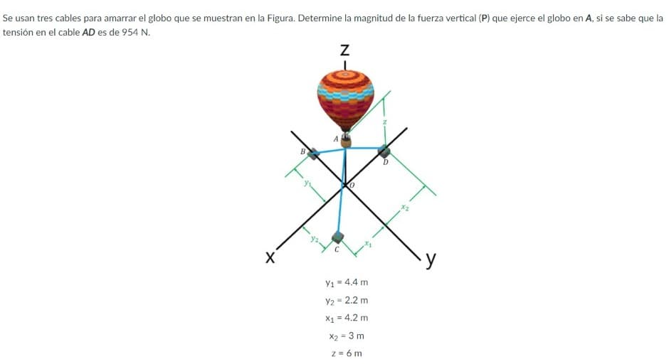 Se usan tres cables para amarrar el globo que se muestran en la Figura. Determine la magnitud de la fuerza vertical (P) que ejerce el globo en A, si se sabe que la
tensión en el cable AD es de 954 N.
X
Y1 = 4.4 m
Y2 = 2.2 m
X1 = 4.2 m
X2 = 3 m
z = 6 m
N.
