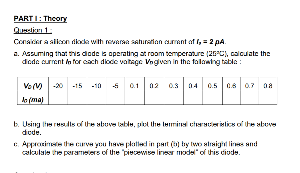 PART I: Theory
Question 1:
Consider a silicon diode with reverse saturation current of Is = 2 pA.
a. Assuming that this diode is operating at room temperature (25°C), calculate the
diode current Ip for each diode voltage VD given in the following table :
Vo (V)
0.1
-20
-15
-10
-5
0.2
0.3
0.4
0.5
0.6
0.7
0.8
l (ma)
b. Using the results of the above table, plot the terminal characteristics of the above
diode.
c. Approximate the curve you have plotted in part (b) by two straight lines and
calculate the parameters of the "piecewise linear model" of this diode.
