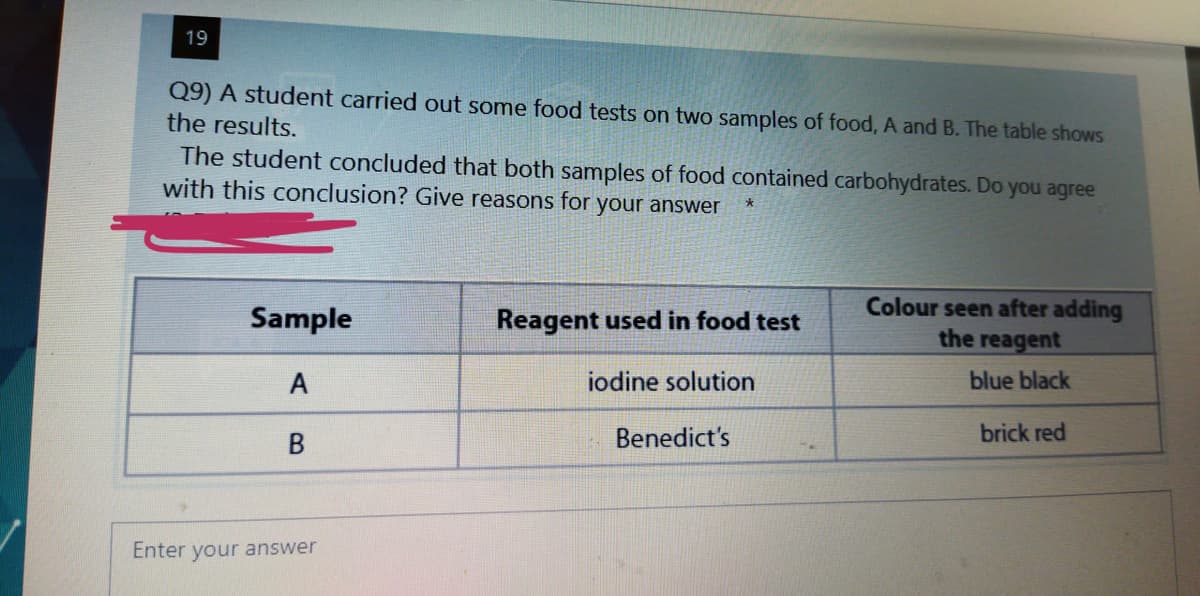 19
Q9) A student carried out some food tests on two samples of food, A and B. The table shows
the results.
The student concluded that both samples of food contained carbohydrates. Do you agree
with this conclusion? Give reasons for your answer
Colour seen after adding
the reagent
Sample
Reagent used in food test
A
iodine solution
blue black
Benedict's
brick red
Enter your answer
