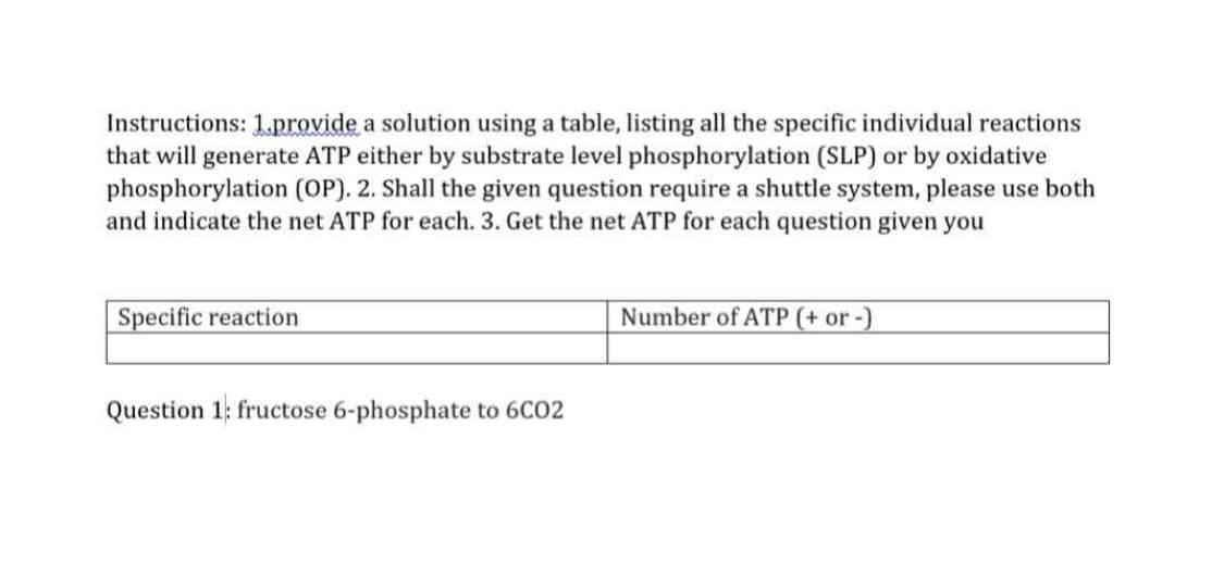 Instructions: 1.provide a solution using a table, listing all the specific individual reactions
that will generate ATP either by substrate level phosphorylation (SLP) or by oxidative
phosphorylation (OP). 2. Shall the given question require a shuttle system, please use both
and indicate the net ATP for each. 3. Get the net ATP for each question given you
Specific reaction
Number of ATP (+ or -)
Question 1: fructose 6-phosphate to 6C02

