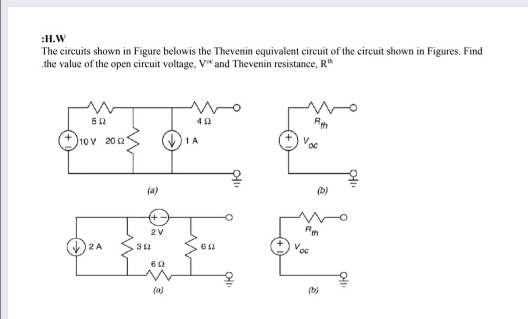 :H.W
The circuits shown in Figure belowis the Thevenin equivalent circuit of the circuit shown in Figures. Find
.the value of the open circuit voltage, Voc and Thevenin resistance, Rth
4Ω
Rth
10 V 20 2
1 A
Voc
(b)
(a)
Rth
2 V
) 2 A
32
Voc
6Ω
(b)
(a)
