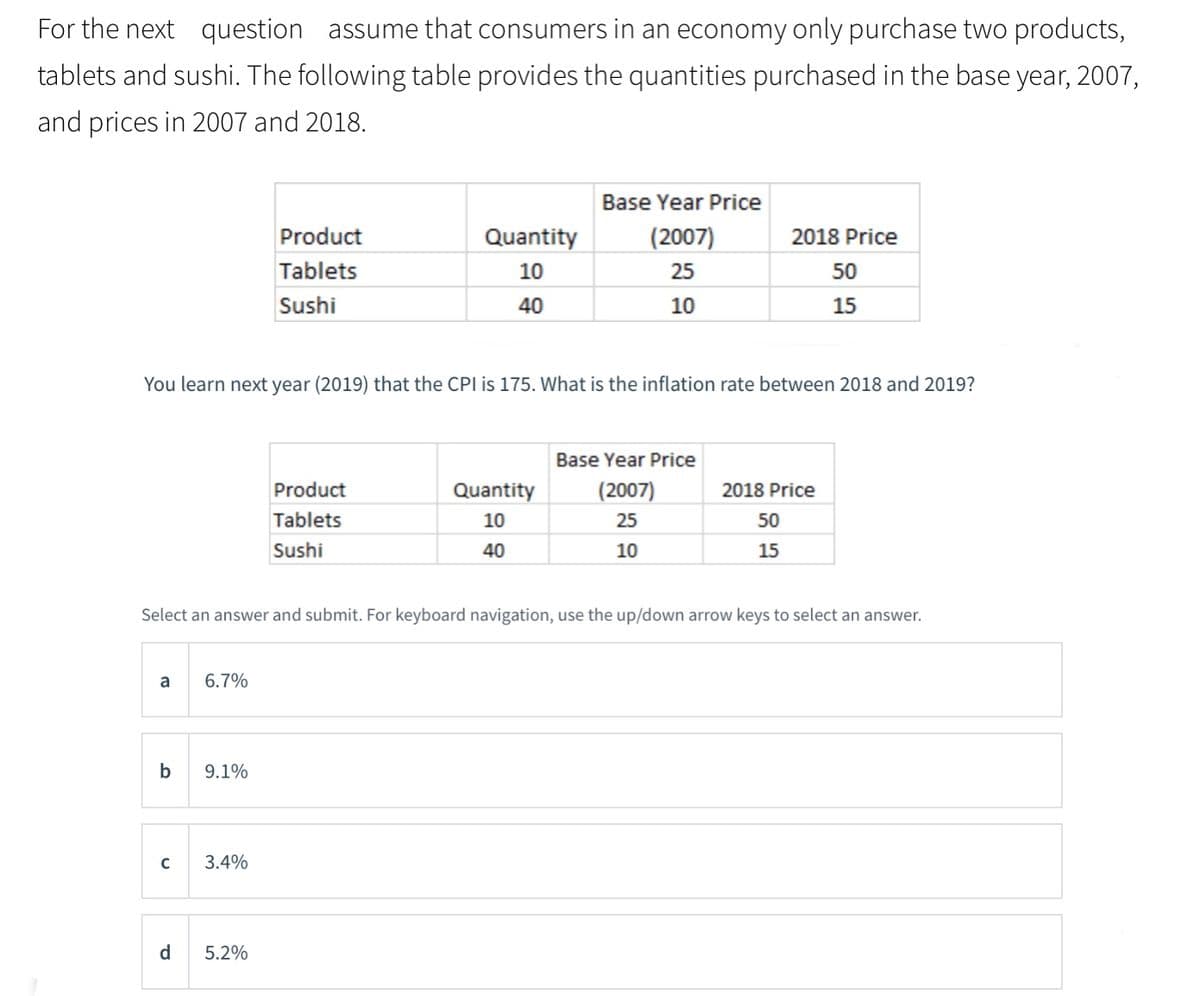 For the next question assume that consumers in an economy only purchase two products,
tablets and sushi. The following table provides the quantities purchased in the base year, 2007,
and prices in 2007 and 2018.
Base Year Price
Product
Quantity
(2007)
2018 Price
Tablets
10
25
50
Sushi
40
10
15
You learn next year (2019) that the CPI is 175. What is the inflation rate between 2018 and 2019?
Base Year Price
Product
Quantity
(2007)
2018 Price
Tablets
10
25
50
Sushi
40
10
15
Select an answer and submit. For keyboard navigation, use the up/down arrow keys to select an answer.
a
6.7%
b
9.1%
3.4%
d
5.2%
