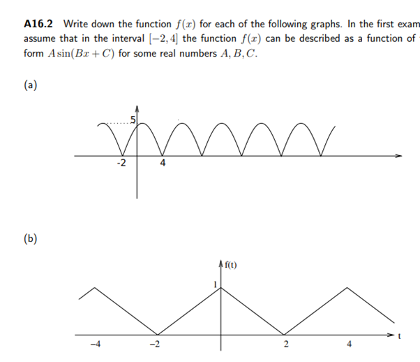 A16.2 Write down the function f(x) for each of the following graphs. In the first exam
assume that in the interval [-2, 4] the function f(x) can be described as a function of
form Asin(Br + C) for some real numbers A, B,C.
(a)
-2
4
(b)
A f(1)
-4
-2
2.
