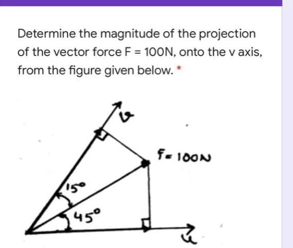 Determine the magnitude of the projection
of the vector force F = 100N, onto the v axis,
%3D
from the figure given below.
f- 10ON
450
