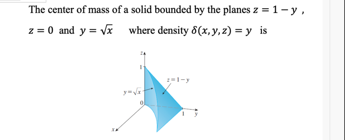 The center of mass of a solid bounded by the planes z = 1– y ,
z = 0 and y = vx
where density & (x,y,z) = y is
%3D
z=1-y
y=Vx-
