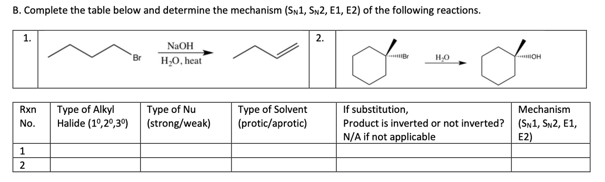B. Complete the table below and determine the mechanism (Sn1, Sn2, E1, E2) of the following reactions.
1.
2.
NaOH
Br
...Br
H2O
....OH
H2O, heat
Туре of Nu
(strong/weak)
Туре of Solvent
(protic/aprotic)
If substitution,
Туре of Alkyl
Halide (1°,2°,3°)
Rxn
Mechanism
No.
Product is inverted or not inverted?
(SN1, SN2, E1,
N/A if not applicable
E2)
1
2
