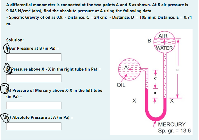 A differential manometer is connected at the two points A and B as shown. At B air pressure is
9.845 N/cm² (abs), find the absolute pressure at A using the following data.
- Specific Gravity of oil as 0.9; - Distance, C = 24 cm; - Distance, D = 105 mm; Distance, E = 0.71
m.
Solution:
Air Pressure at B (in Pa) =
Pressure above X - X in the right tube (in Pa) =
1) Pressure of Mercury above X-X in the left tube
(in Pa) =
Absolute Pressure at A (in Pa):
=
OIL
X
B
AIR
WATER
E
MERCURY
Sp. gr. = 13.6
