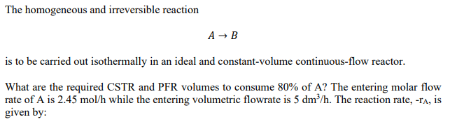 The homogeneous and irreversible reaction
A → B
is to be carried out isothermally in an ideal and constant-volume continuous-flow reactor.
What are the required CSTR and PFR volumes to consume 80% of A? The entering molar flow
rate of A is 2.45 mol/h while the entering volumetric flowrate is 5 dm³/h. The reaction rate, -ra, is
given by:
