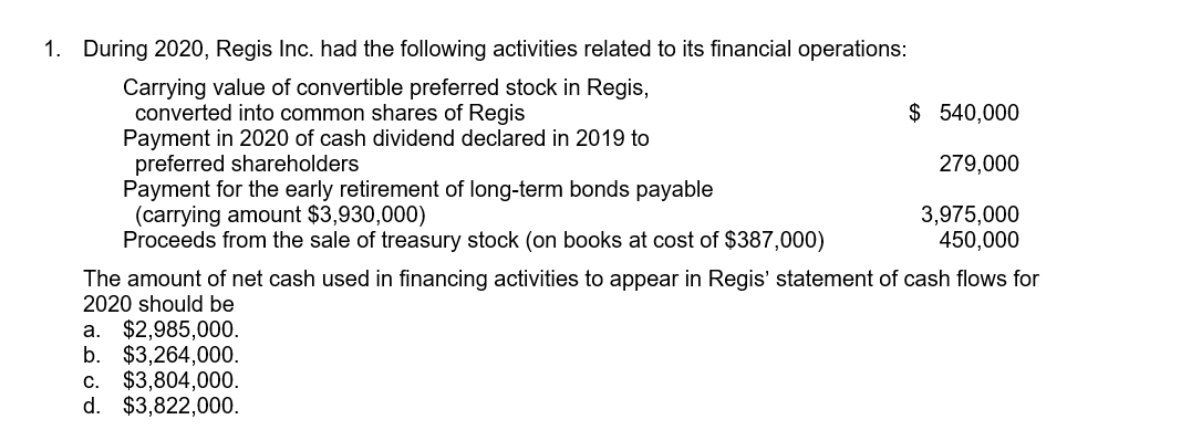 1. During 2020, Regis Inc. had the following activities related to its financial operations:
Carrying value of convertible preferred stock in Regis,
converted into common shares of Regis
Payment in 2020 of cash dividend declared in 2019 to
preferred shareholders
Payment for the early retirement of long-term bonds payable
(carrying amount $3,930,000)
Proceeds from the sale of treasury stock (on books at cost of $387,000)
$ 540,000
279,000
3,975,000
450,000
The amount of net cash used in financing activities to appear in Regis' statement of cash flows for
2020 should be
a. $2,985,000.
b. $3,264,000.
c. $3,804,000.
d. $3,822,000.
