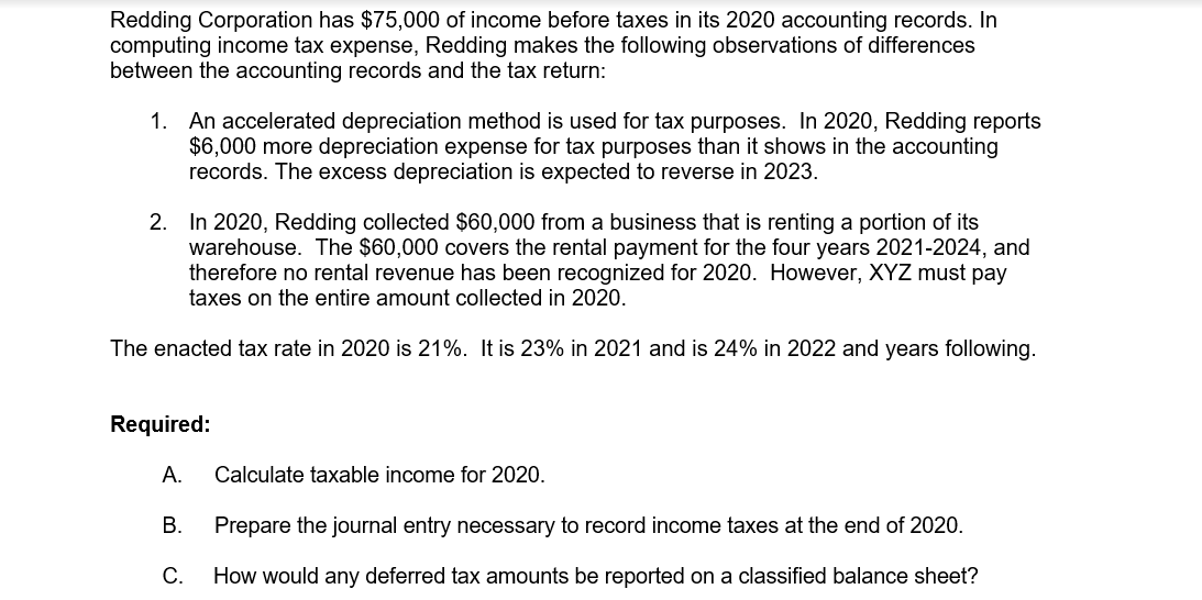 Required:
А.
Calculate taxable income for 2020.
В.
Prepare the journal entry necessary to record income taxes at the end of 2020.
С.
How would any deferred tax amounts be reported on a classified balance sheet?
