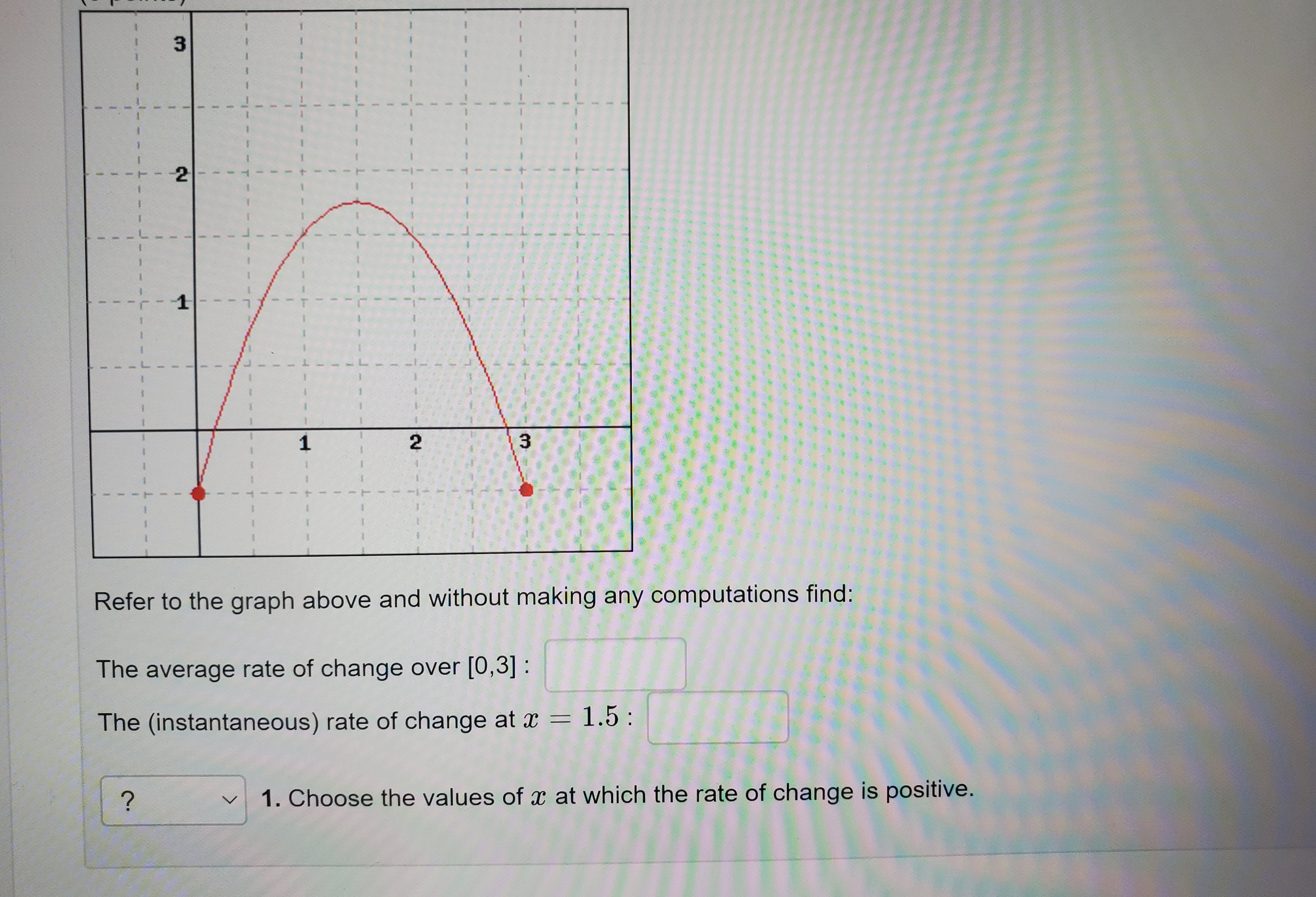 Refer to the graph above and without making any computations find:
The average rate of change over [0,3] :
The (instantaneous) rate of change at x = 1.5:
?
1. Choose the values of x at which the rate of change is positive.
