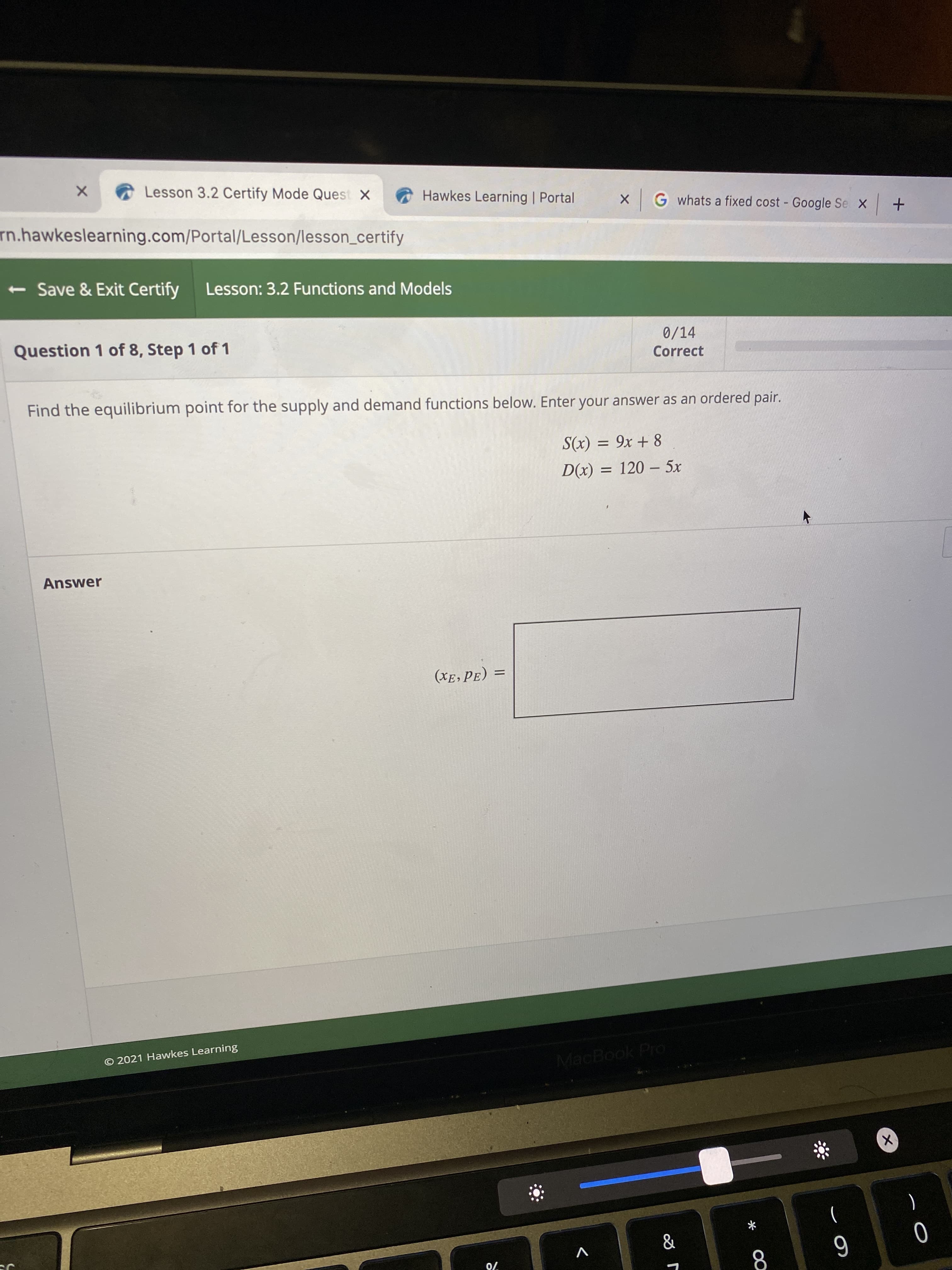 Find the equilibrium point for the supply and demand functions below. Enter your answer as an ordered pair.
S(x) = 9x + 8
%3D
D(x) = 120 – 5x
Answer
(XE, PE) =
%3D
