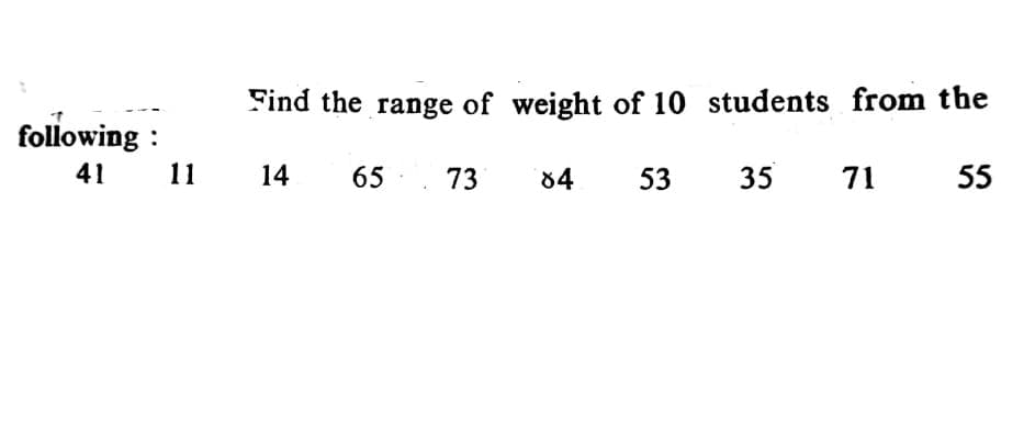 Find the range of weight of 10 students from the
following :
41
11
14
65
73
84
53
35
71
55
