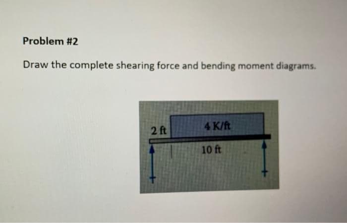 Problem #2
Draw the complete shearing force and bending moment diagrams.
4 K/ft
2 ft
10 ft
