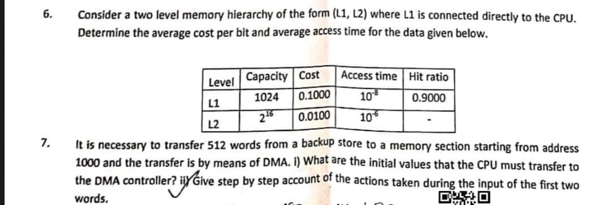 6.
7.
Consider a two level memory hierarchy of the form (L1, L2) where L1 is connected directly to the CPU.
Determine the average cost per bit and average access time for the data given below.
Access time Hit ratio
10.8
0.9000
106
Level Capacity Cost
1024
0.1000
L1
216
0.0100
L2
It is necessary to transfer 512 words from a backup store to a memory section starting from address
1000 and the transfer is by means of DMA. I) What are the initial values that the CPU must transfer to
the DMA controller? Give step by step account of the actions taken during the input of the first two
DWD
words.