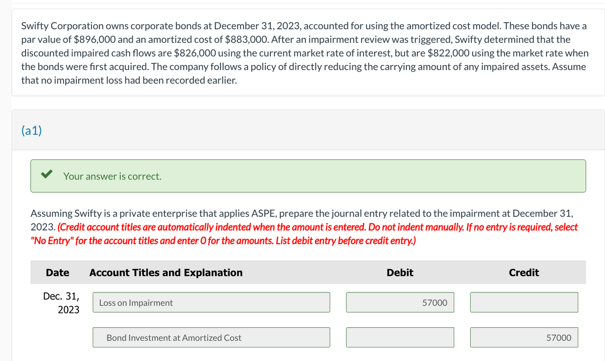 Swifty Corporation owns corporate bonds at December 31, 2023, accounted for using the amortized cost model. These bonds have a
par value of $896,000 and an amortized cost of $883,000. After an impairment review was triggered, Swifty determined that the
discounted impaired cash flows are $826,000 using the current market rate of interest, but are $822,000 using the market rate when
the bonds were first acquired. The company follows a policy of directly reducing the carrying amount of any impaired assets. Assume
that no impairment loss had been recorded earlier.
(a1)
Your answer is correct.
Assuming Swifty is a private enterprise that applies ASPE, prepare the journal entry related to the impairment at December 31,
2023. (Credit account titles are automatically indented when the amount is entered. Do not indent manually. If no entry is required, select
"No Entry" for the account titles and enter O for the amounts. List debit entry before credit entry.)
Date
Dec. 31,
2023
Account Titles and Explanation
Loss on Impairment
Bond Investment at Amortized Cost
Debit
57000
Credit
57000