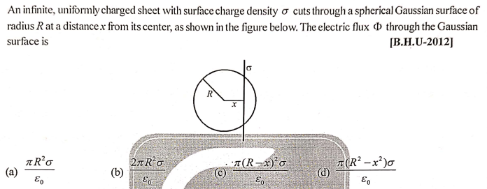 An infinite, uniformly charged sheet with surface charge density o cuts through a spherical Gaussian surface of
radius Rat a distancex from its center, as shown in the figure below. The electric flux through the Gaussian
[B.H.U-2012]
surface is
I (R² –x³)o
(d)
(a)
(b)
(c)
