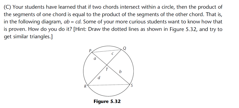 (C) Your students have learned that if two chords intersect within a circle, then the product of
the segments of one chord is equal to the product of the segments of the other chord. That is,
in the following diagram, ab = cd. Some of your more curious students want to know how that
is proven. How do you do it? [Hint: Draw the dotted lines as shown in Figure 5.32, and try to
get similar triangles.]
R
O
b
Figure 5.32
'S