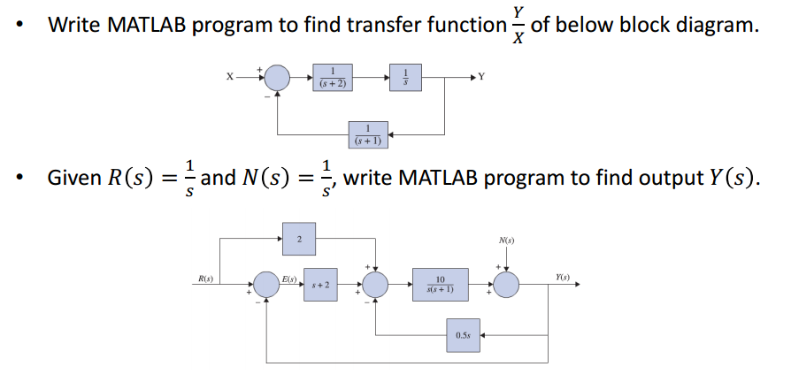 Y
Write MATLAB program to find transfer function - of below block diagram.
X
(s + 2)
(s + 1)
1
1
Given R(s) = and N(s) =, write MATLAB program to find output Y(s).
S
M(s)
R(s)
E(s)
10
Y(s)
s+2
S(s + 1)
0.5s
