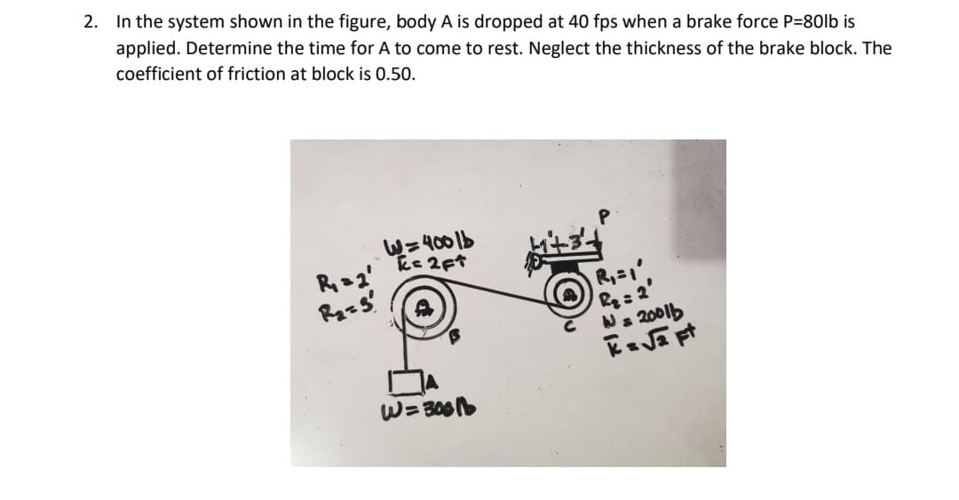 2. In the system shown in the figure, body A is dropped at 40 fps when a brake force P=80lb is
applied. Determine the time for A to come to rest. Neglect the thickness of the brake block. The
coefficient of friction at block is 0.50.
W=400 1b
ke 2Ft
R:2'
Ns 2001b
W= 3001b
