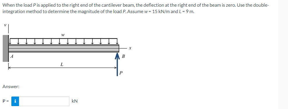 When the load P is applied to the right end of the cantilever beam, the deflection at the right end of the beam is zero. Use the double-
integration method to determine the magnitude of the load P. Assume w = 15 kN/m and L= 9 m.
В
L.
Answer:
P =
i
kN
