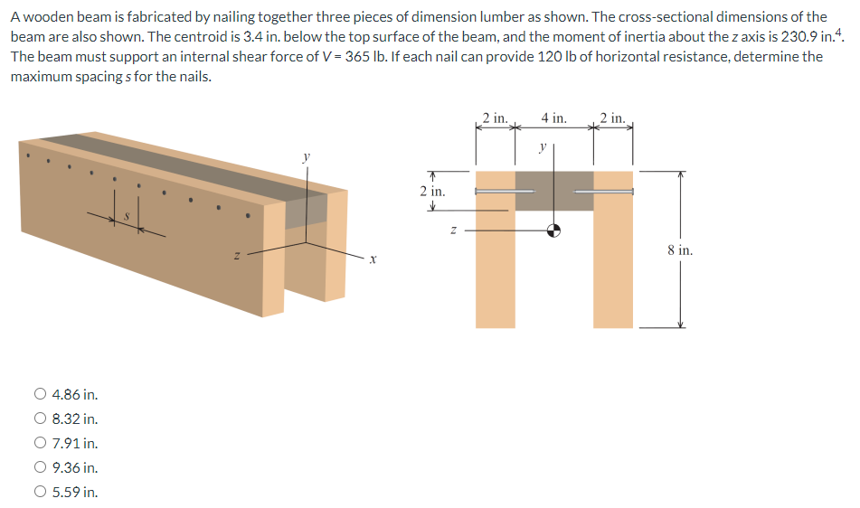 A wooden beam is fabricated by nailing together three pieces of dimension lumber as shown. The cross-sectional dimensions of the
beam are also shown. The centroid is 3.4 in. below the top surface of the beam, and the moment of inertia about the z axis is 230.9 in.4.
The beam must support an internal shear force of V = 365 Ib. If each nail can provide 120 Ib of horizontal resistance, determine the
maximum spacing sfor the nails.
2 in.
4 in.
2 in.
2 in.
8 in.
O 4.86 in.
8.32 in.
O 7.91 in.
9.36 in.
O 5.59 in.
