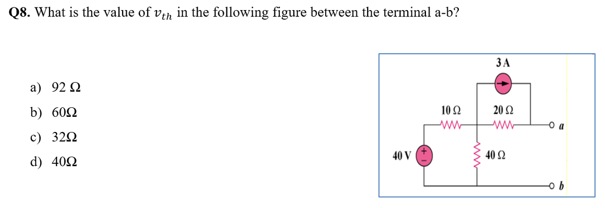 Q8. What is the value of vi, in the following figure between the terminal a-b?
ЗА
a) 92 Q
b) 602
10 Q
20Ω
c) 32Q
40 V
40 Ω
d) 402
