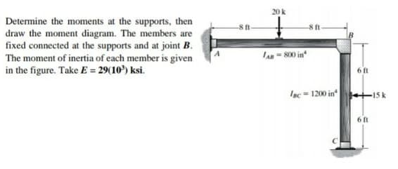 Determine the moments at the supports, then
draw the moment diagram. The members are
fixed connected at the supports and at joint B.
The moment of inertia of each member is given
in the figure. Take E = 29(10³) ksi.
20 k
LAN = 800 in
-8 ft
6 ft
Inc-1200 in 15k
6 ft