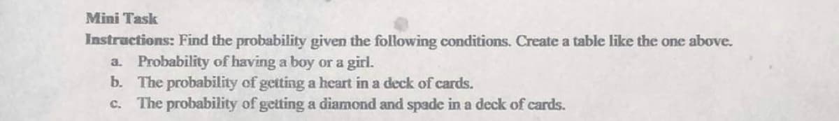 Mini Task
Instructions: Find the probability given the following conditions. Create a table like the one above.
a. Probability of having a boy or a girl.
b. The probability of getting a heart in a deck of cards.
c. The probability of getting a diamond and spade in a deck of cards.
