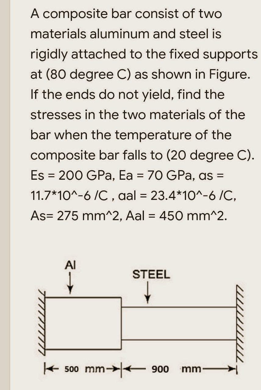 A composite bar consist of two
materials aluminum and steel is
rigidly attached to the fixed supports
at (80 degree C) as shown in Figure.
If the ends do not yield, find the
stresses in the two materials of the
bar when the temperature of the
composite bar falls to (20 degree C).
Es = 200 GPa, Ea = 70 GPa, as =
%3D
%3D
11.7*10^-6 /C, aal = 23.4*10^-6 /C,
%3D
As= 275 mm^2, Aal = 450 mm^2.
%3D
AI
STEEL
+ 500 mm-+ 900
mm
