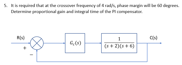 5. It is required that at the crossover frequency of 4 rad/s, phase margin will be 60 degrees.
Determine proportional gain and integral time of the PI compensator.
R(s)
+
Gc(s)
1
(s + 2) (s+ 6)
C(s)