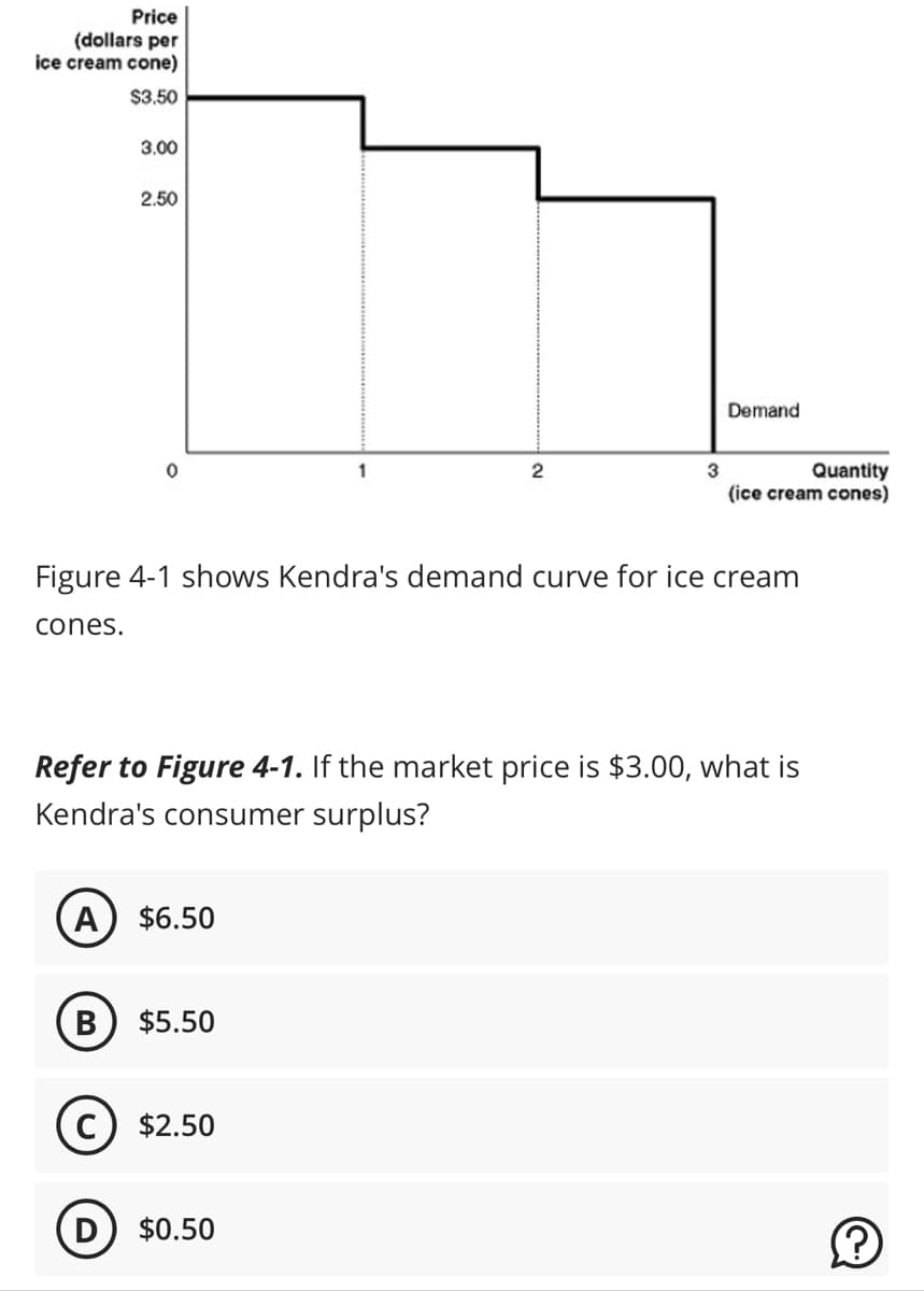 Price
(dollars per
ice cream cone)
$3.50
3.00
2.50
0
A $6.50
B $5.50
1
C) $2.50
2
Figure 4-1 shows Kendra's demand curve for ice cream
cones.
D $0.50
3
Refer to Figure 4-1. If the market price is $3.00, what is
Kendra's consumer surplus?
Demand
Quantity
(ice cream cones)
Ⓡ