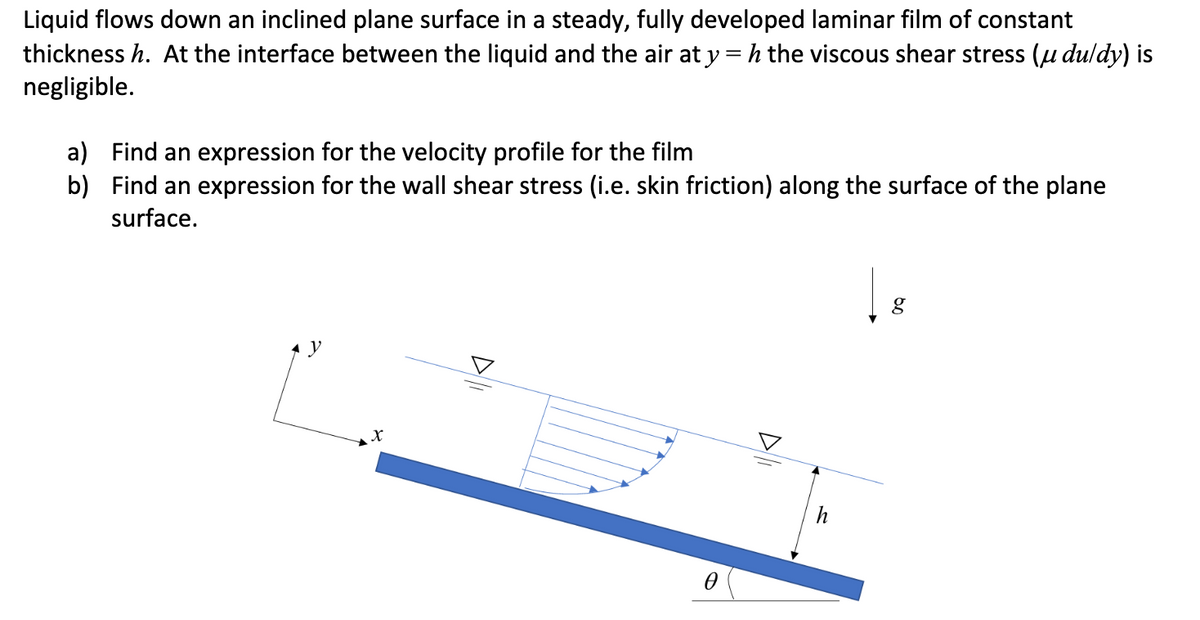 Liquid flows down an inclined plane surface in a steady, fully developed laminar film of constant
thickness h. At the interface between the liquid and the air at y = h the viscous shear stress (u duldy) is
negligible.
a) Find an expression for the velocity profile for the film
b) Find an expression for the wall shear stress (i.e. skin friction) along the surface of the plane
surface.
h
