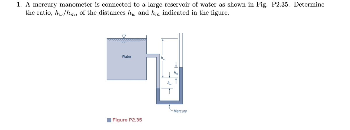 1. A mercury manometer is connected to a large reservoir of water as shown in Fig. P2.35. Determine
the ratio, hu/h,m, of the distances h, and hm indicated in the figure.
Water
h
Mercury
Figure P2.35
