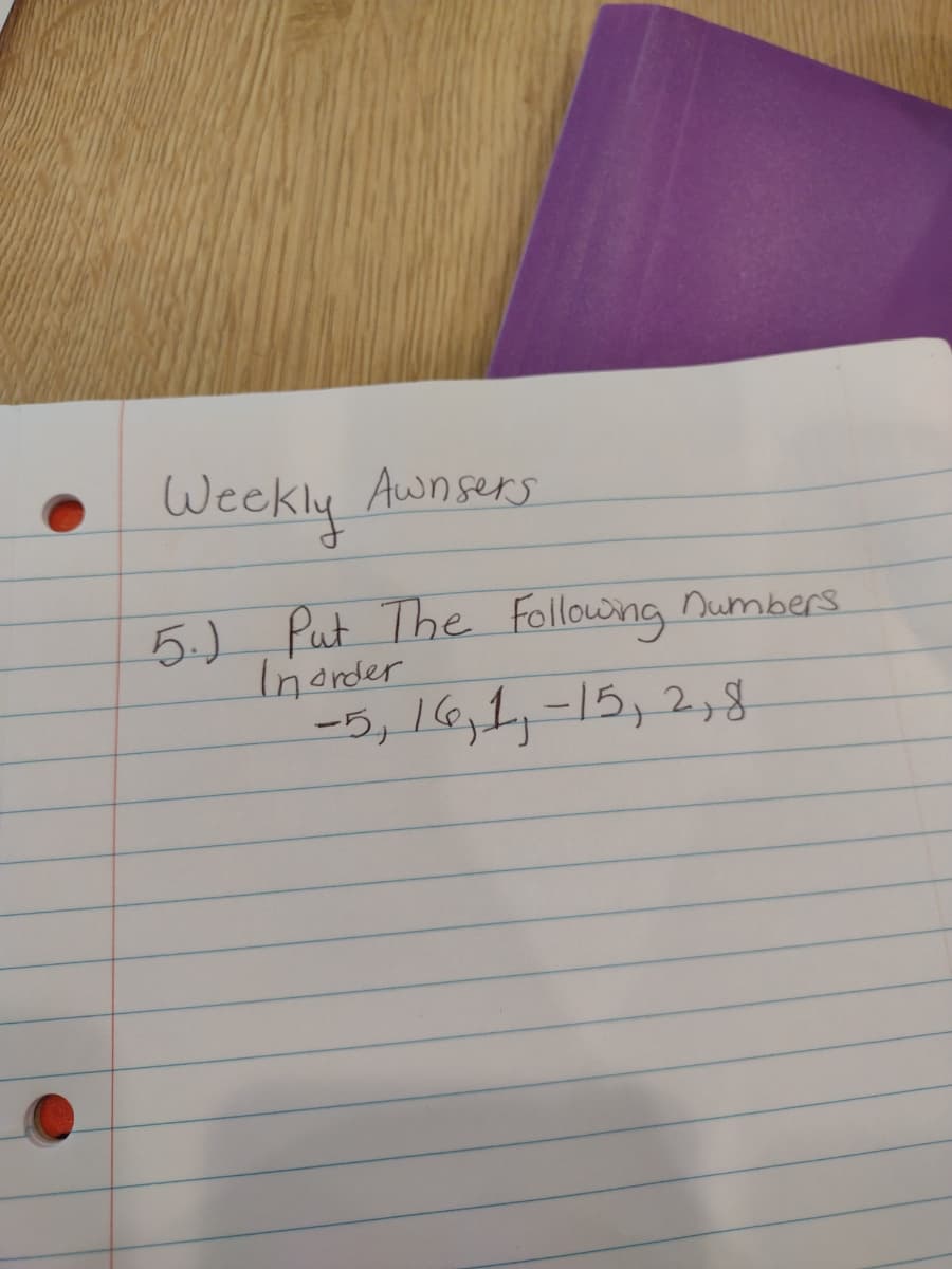 Weekly
Awnsers
5.) Put The Followng numbers.
Inorder
-5, 16,1, -15, 2,8
