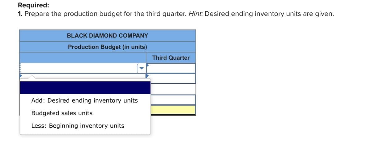 Required:
1. Prepare the production budget for the third quarter. Hint: Desired ending inventory units are given.
BLACK DIAMOND COMPANY
Production Budget (in units)
Third Quarter
Add: Desired ending inventory units
Budgeted sales units
Less: Beginning inventory units
